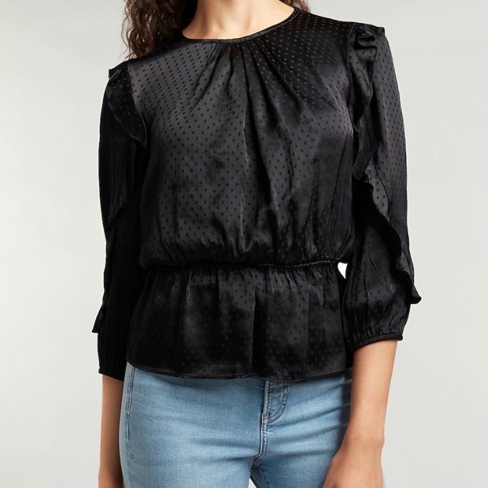 Jacquard Polka Dot Ruffle Sleeve Peplum Top